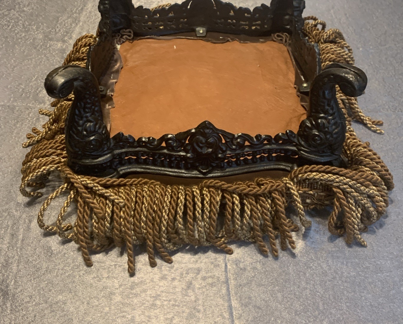 Vtg Cast Iron Ottoman Footstool w/Floral Needlepoint Design & Fringe