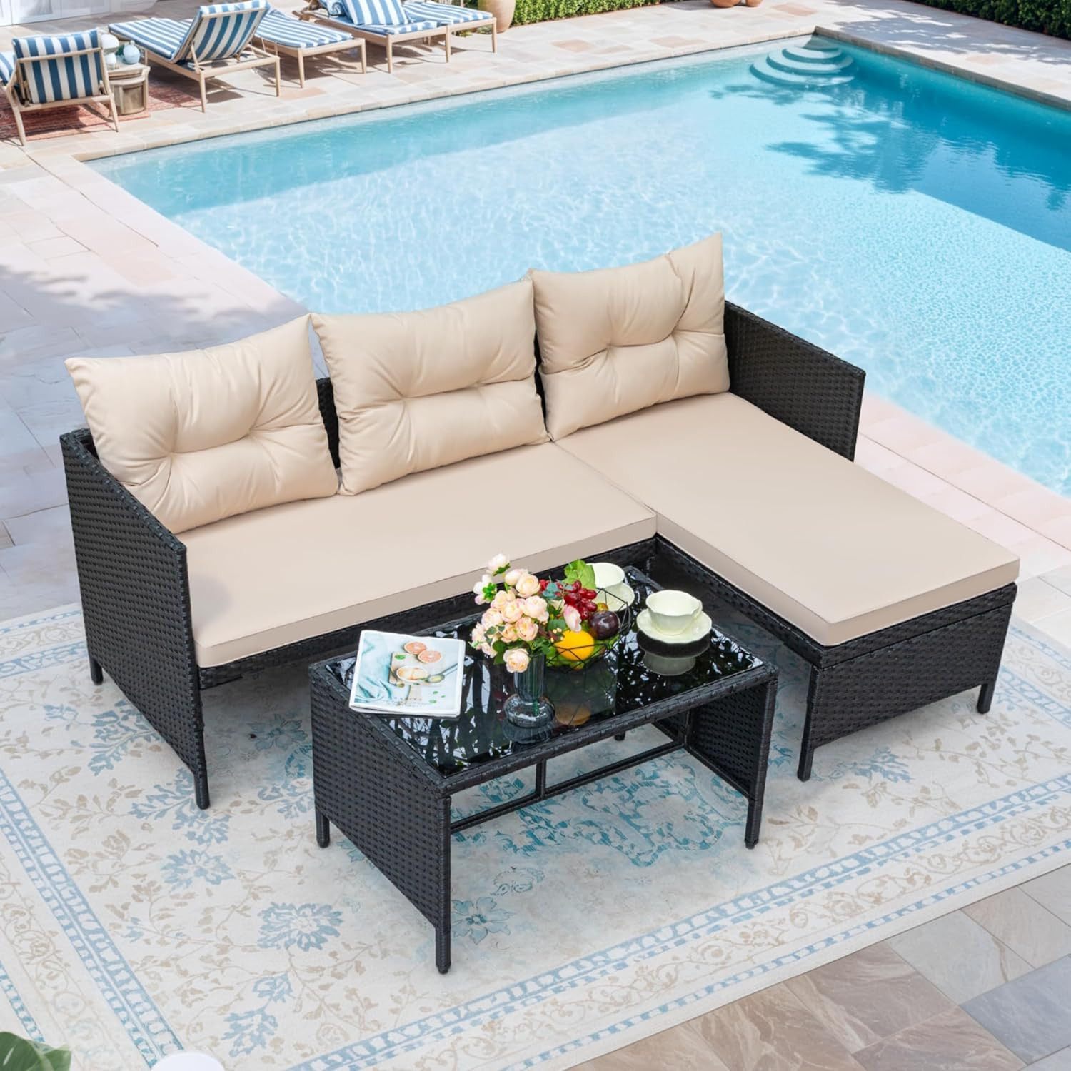 3 Piece Patio Furniture Set Outdoor Wicker Rattan Sectional Sofa with Cushions &