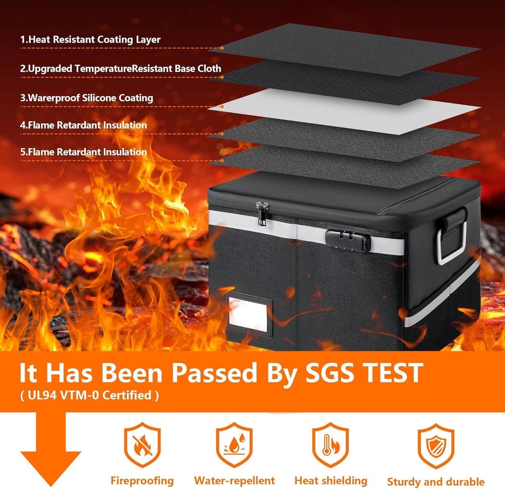 Fireproof Waterproof Document Box with Lock Collapsible Portable