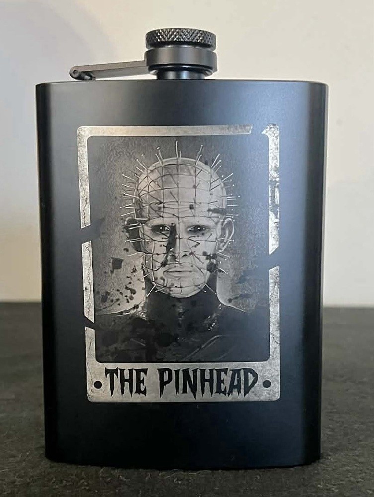 Pinhead Horror Flask  Engraved Matte Black Gothic Hip Flask