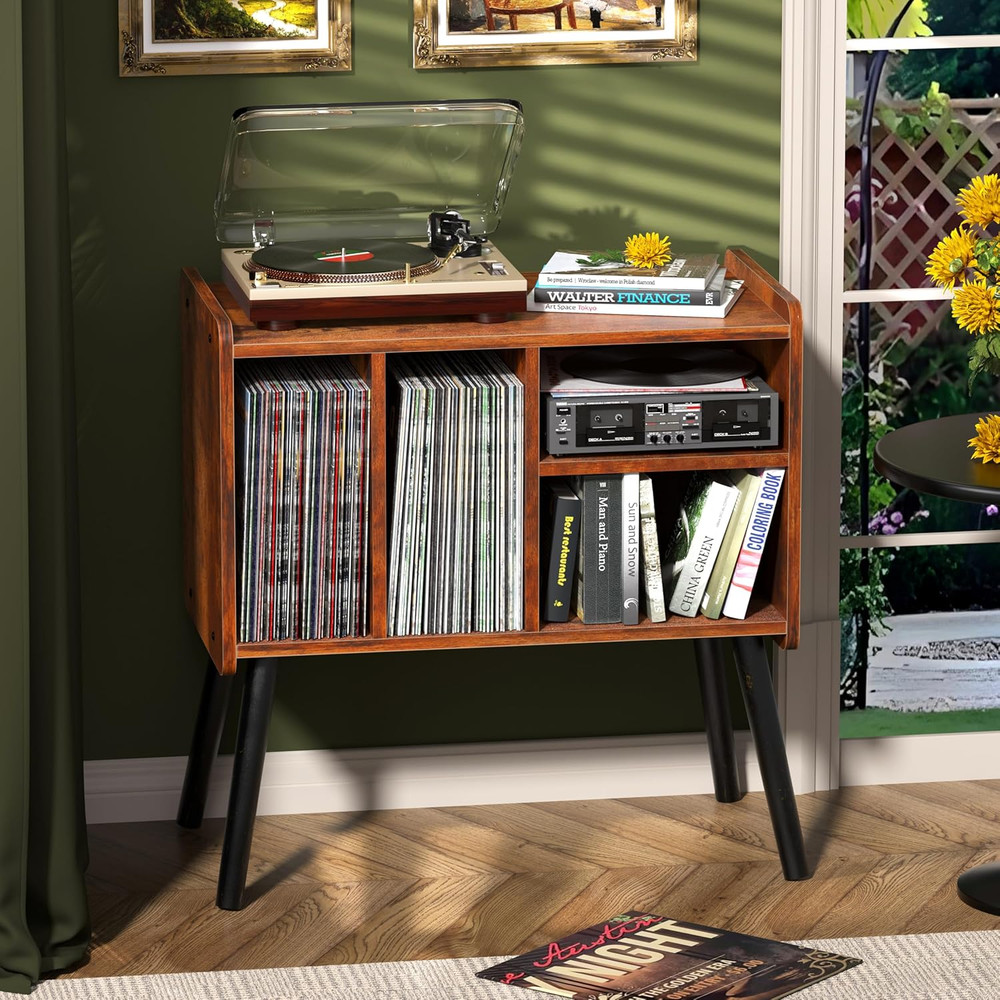 Record Player Table, Mid-Century Record Player Stand with Vinyl Storage Hold up