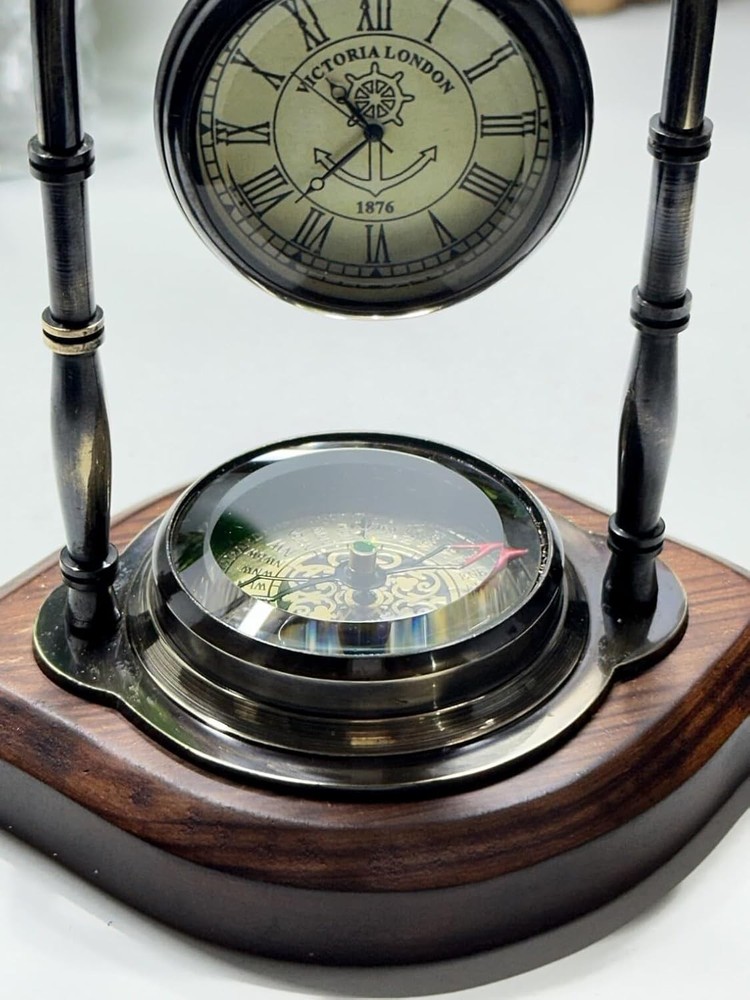 Personalized Victorian Brass Desk Clock with Integrated Working Compass -