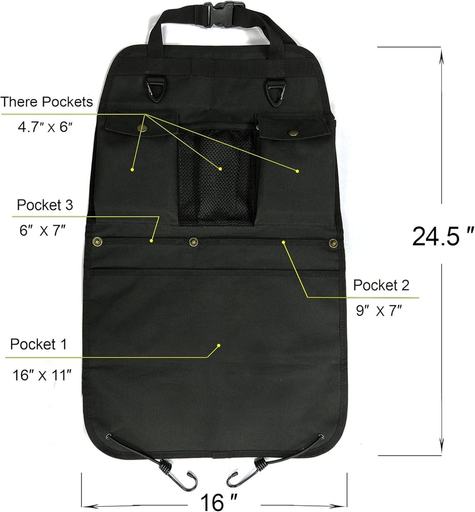 Black Car Seat Back Organizer with Multiple Pockets and Hooks