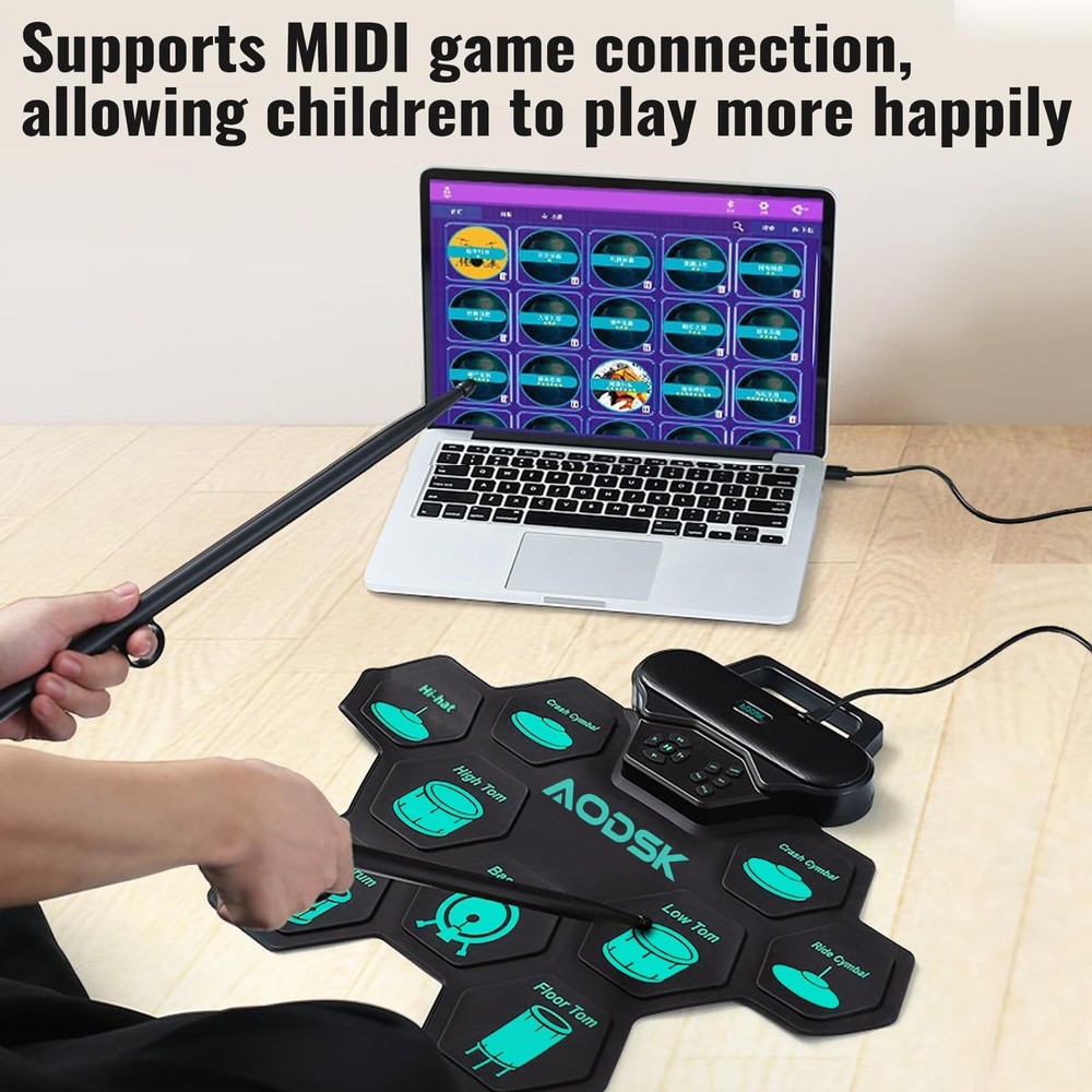 Electronic Drum Set,9 Practice Pad with Headphone Jack,Roll-up Machine Built-...
