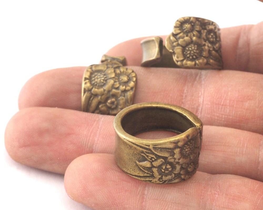 Spoon Ring Flower Patterned Adjustable Ring Antique Bronze Plated Brass 8Us 2543