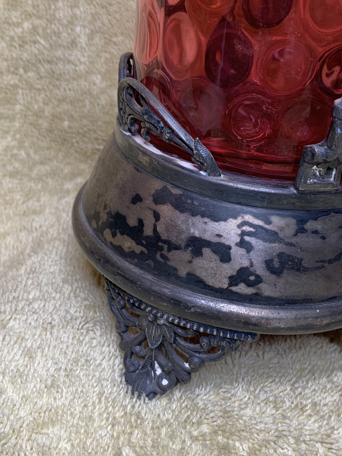 Antique Victorian Style Pickle Castor W/ Tongs Coin Dot Glass Cranberry Red