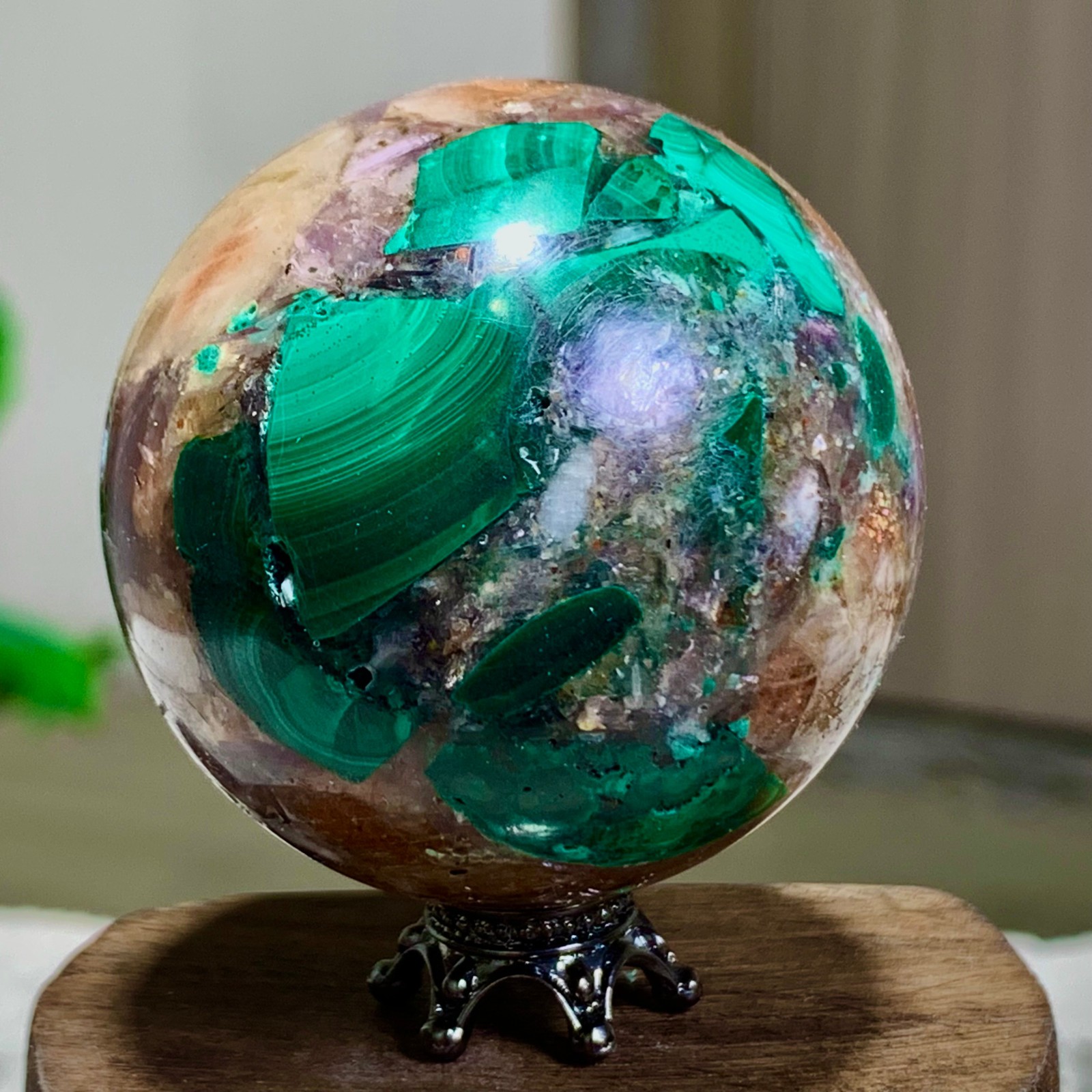 116G Newly discovered rare malachite purple mica symbiotic sphere restoration