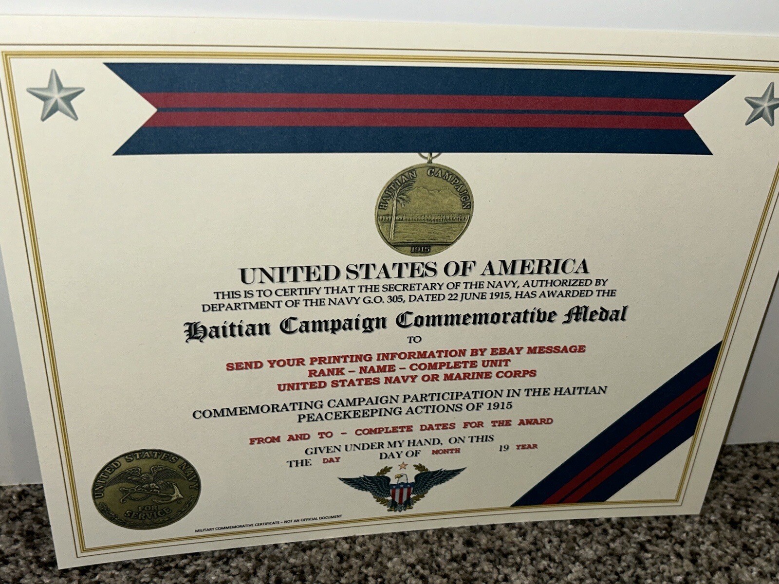 HAITIAN CAMPAIGN (NAVY) COMMEMORATIVE MEDAL CERTIFICATE ~ W/PRINTING TYPE-1