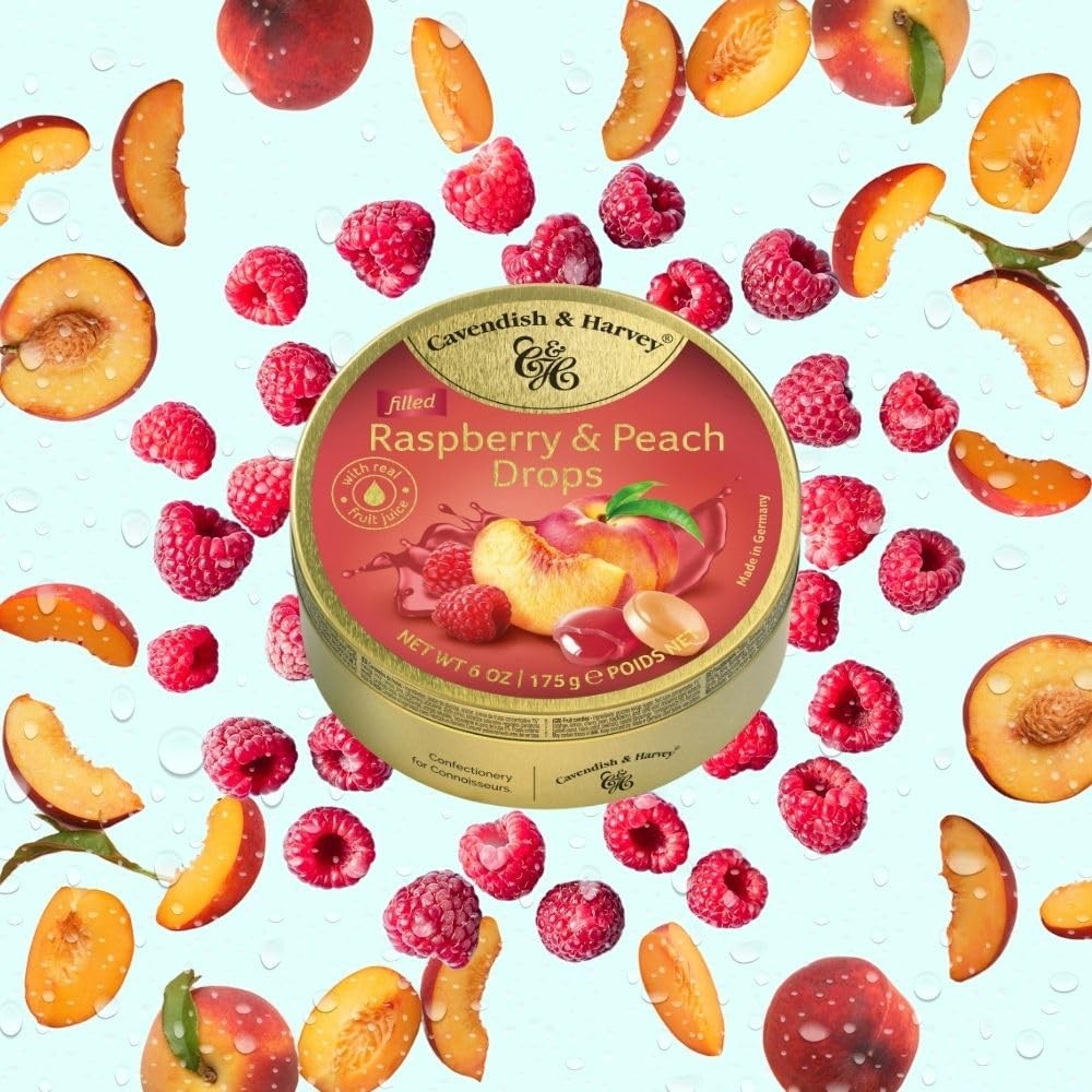 Raspberry Peach Filled Hard Candy Drops 6 Ounce Tin