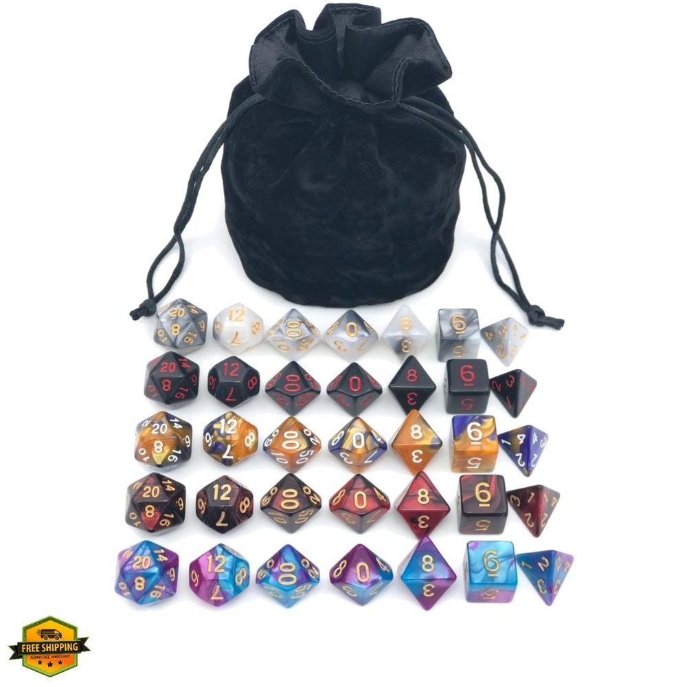 Assorted Polyhedral Dice Set with Black Drawstring Bag, 5 Complete Dice Sets ...
