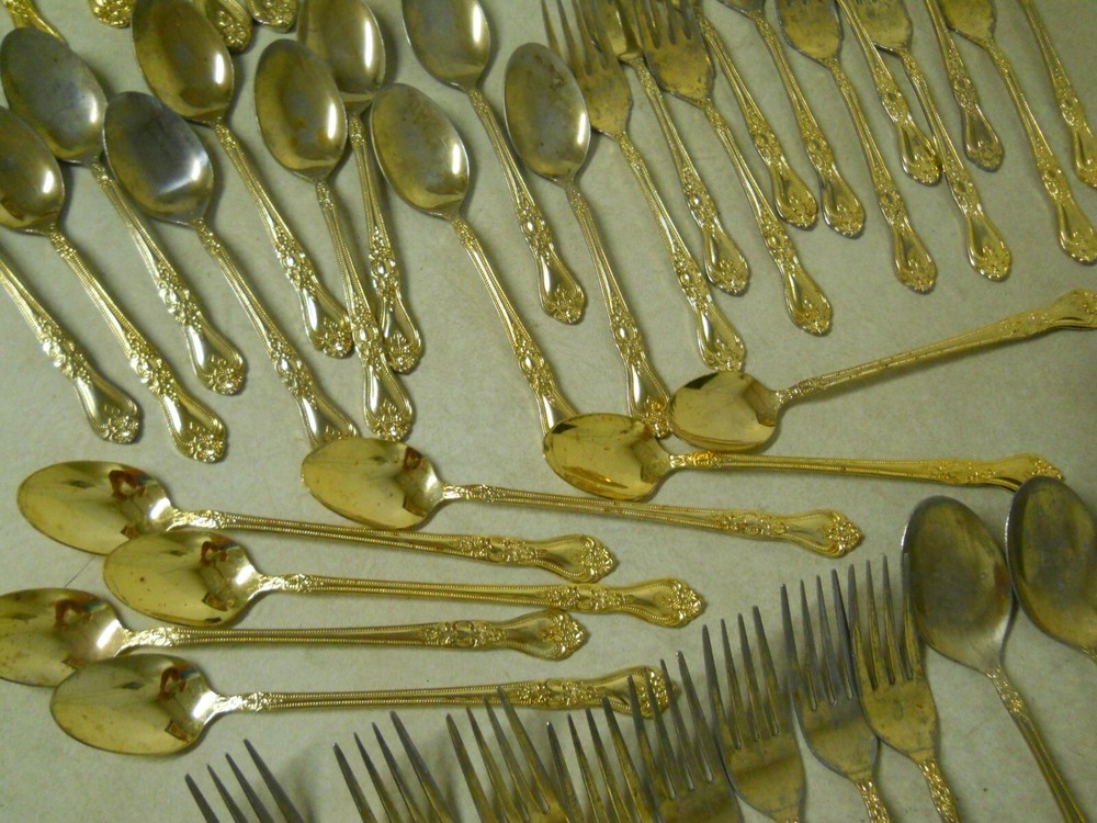 International EP Gold Precious Rose Pattern Flatware Set Replacements 63 PC