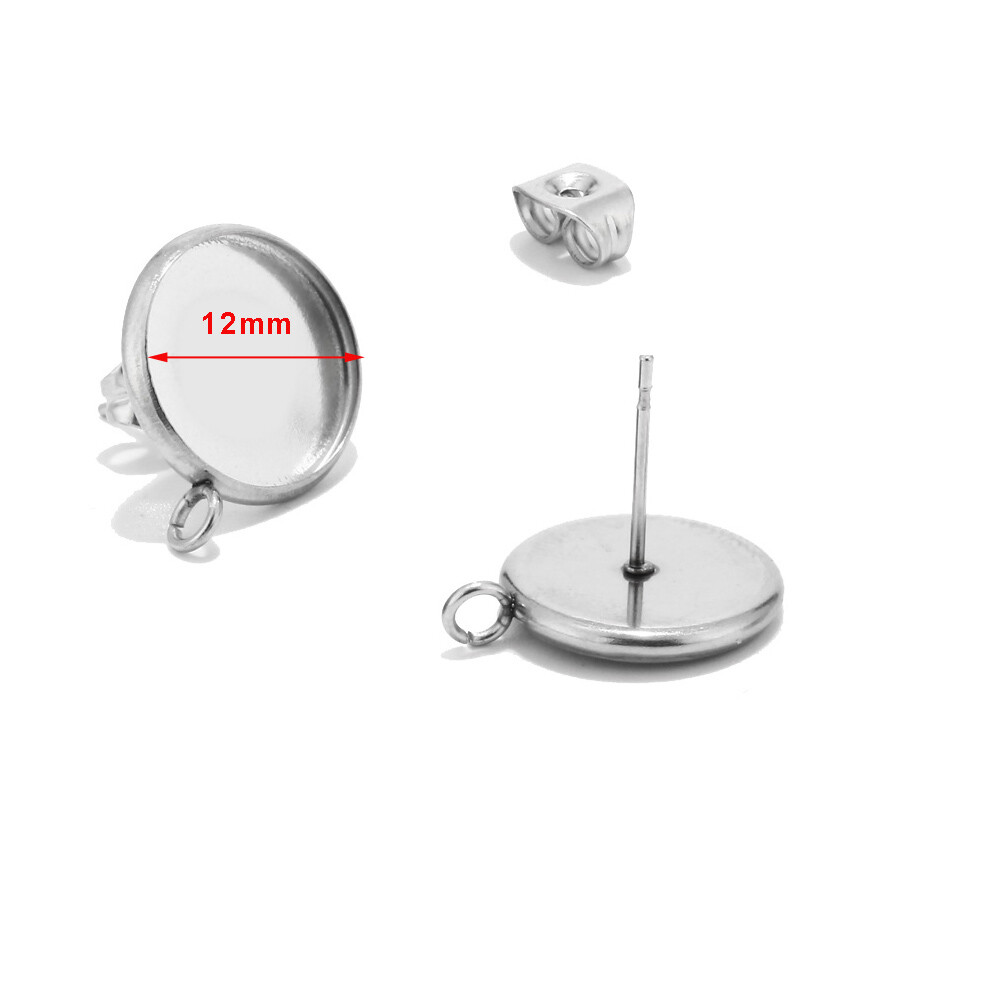 30pcs Stainless Steel Earring Posts Studs Setting Bezel Cabochon Tack with Loops