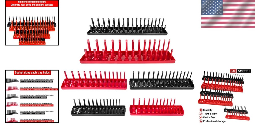 6PC Socket Organizer Tray Set - Red SAE & Black Metric