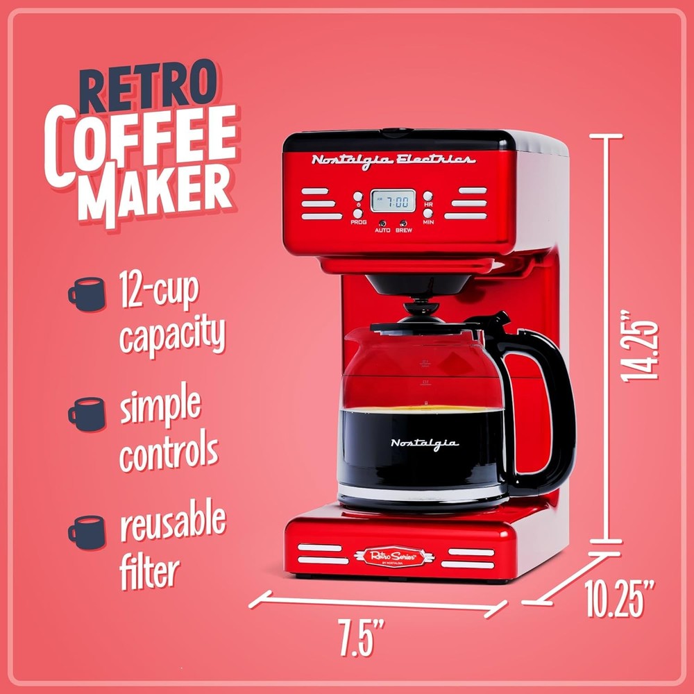 Retro 12-Cup Programmable Coffee Maker with LED Display, Automatic Shut-Off Red