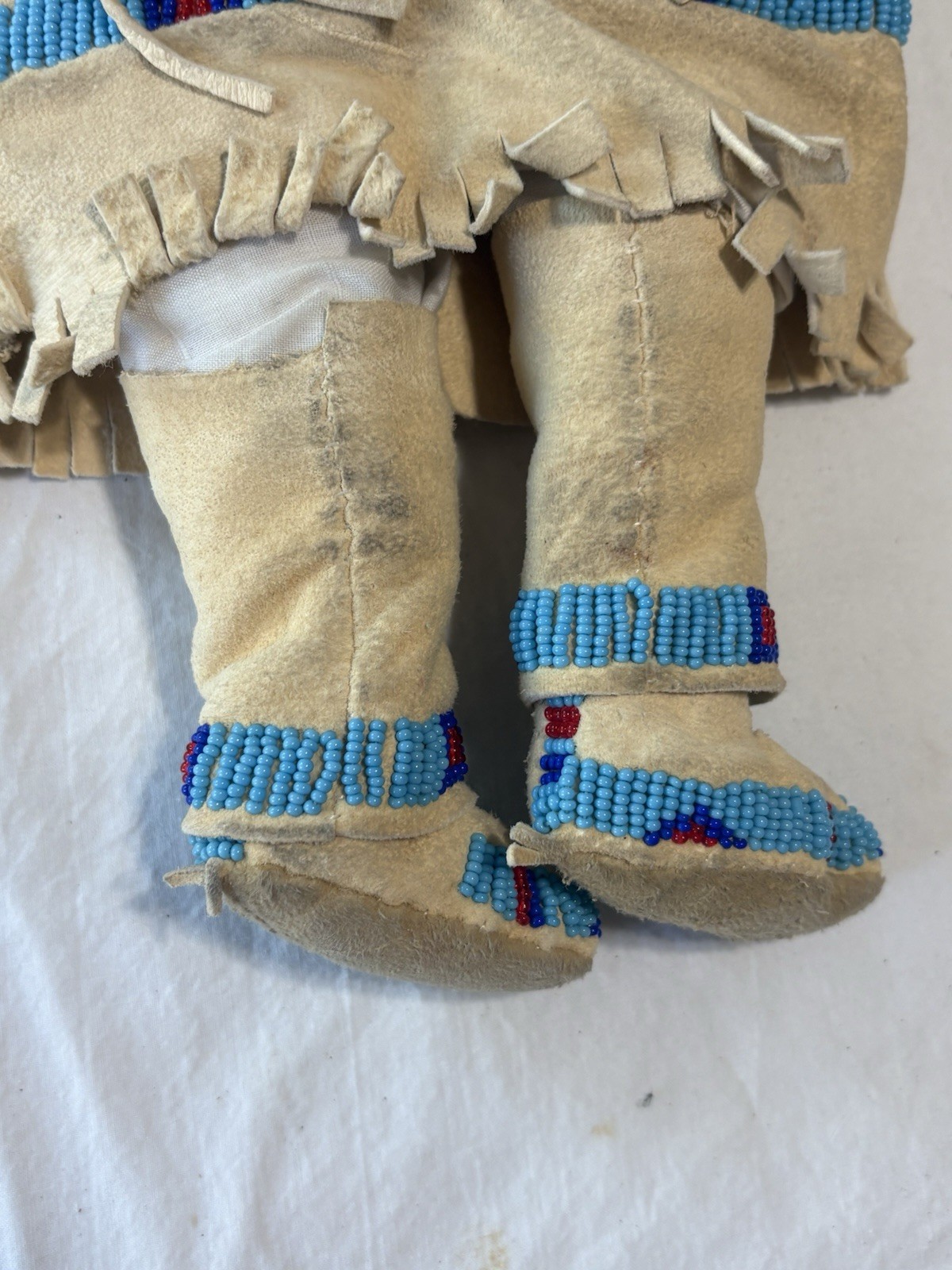 Vintage Native American Handmade Buckskin Beaded Doll 16"” Real Hair