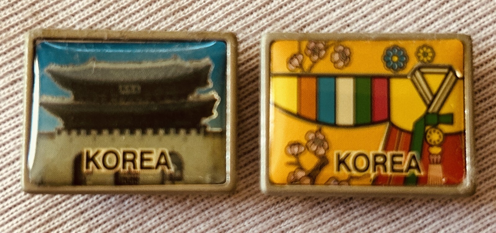 Set of 2 Korea tiny 2 cm temple and hanbok metallic fridge refrigerator magnets