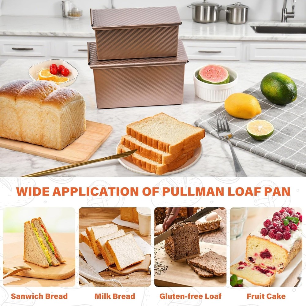 Pullman loaf pan two pack with lids nonstick bread baking set