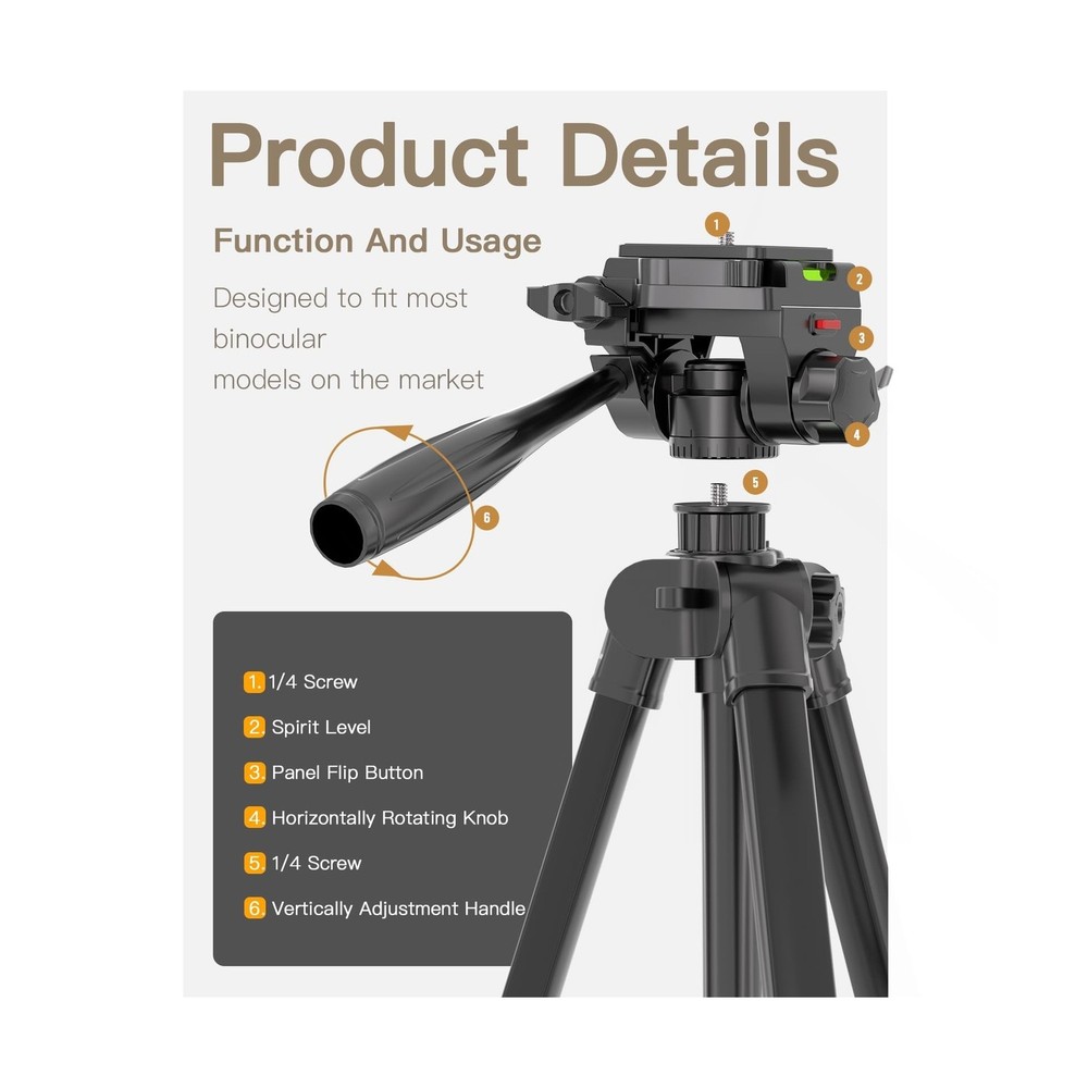 69” Tripod for Spotting Scopes, Binocular & Camera, Includes Binocular Ada