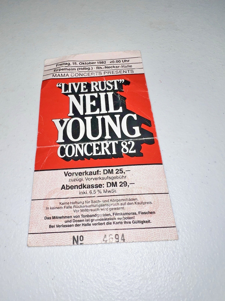 1982 Neil Young Live Rust Germany Concert Ticket Stub Never Sleeps October