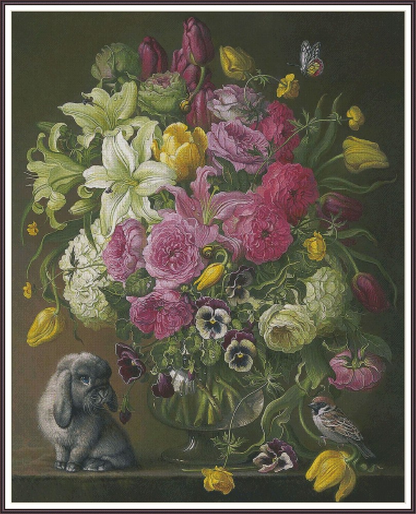 Floral with bunny 757 - Chart Counted Cross Stitch Pattern Xstitch