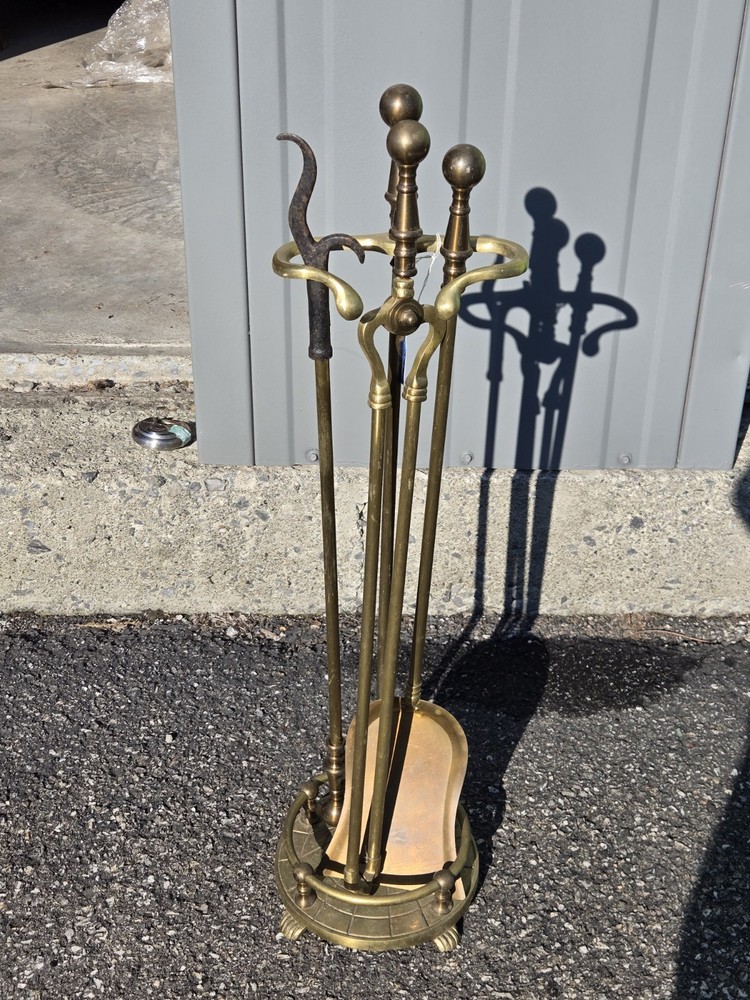 Vintage Solid Brass Fireplace 3 Tools with Stand Set 4x PIECE Round Claw Footed