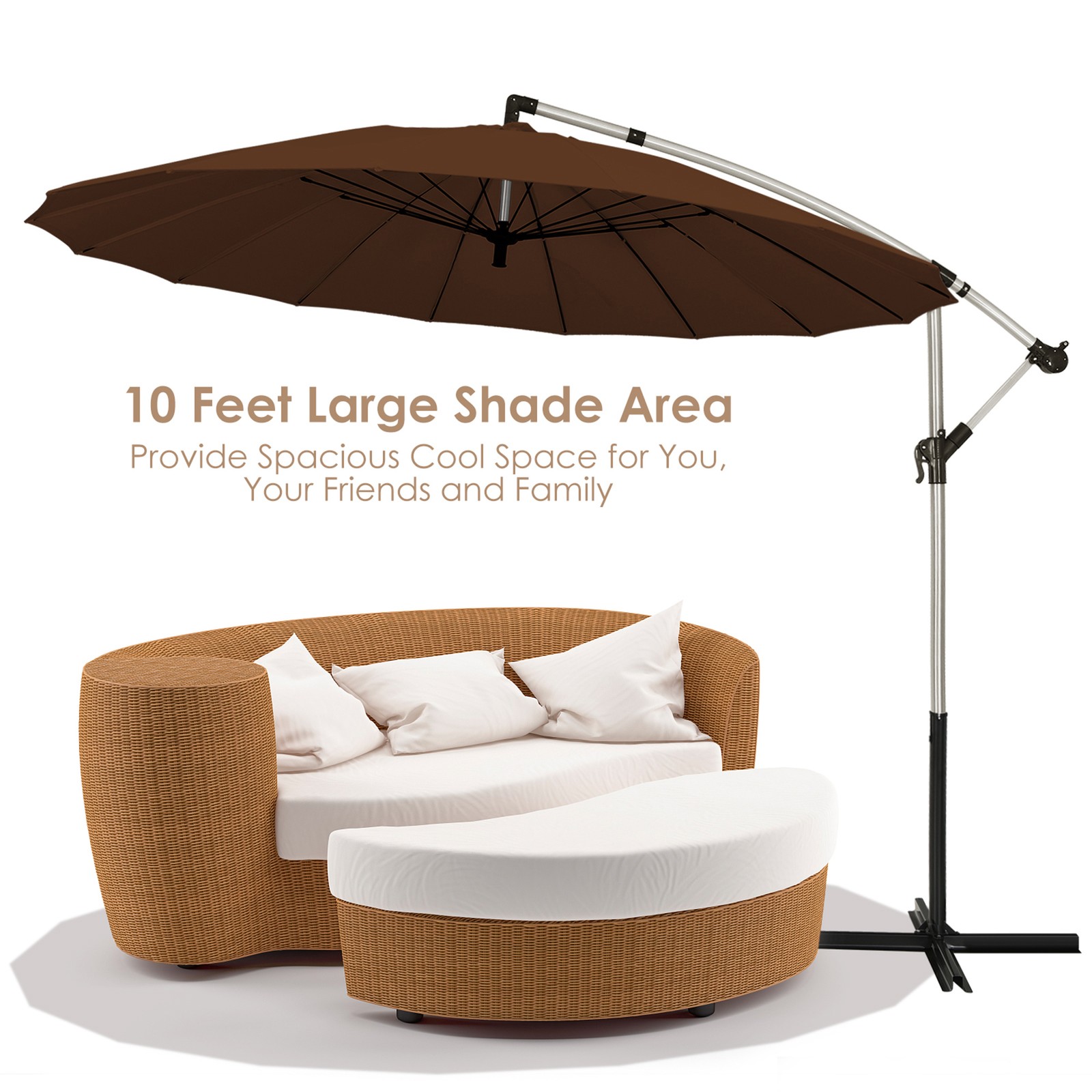 10FT Patio Offset Hanging Umbrella Cantilever Umbrella w/ Tilt Adjustment Tan