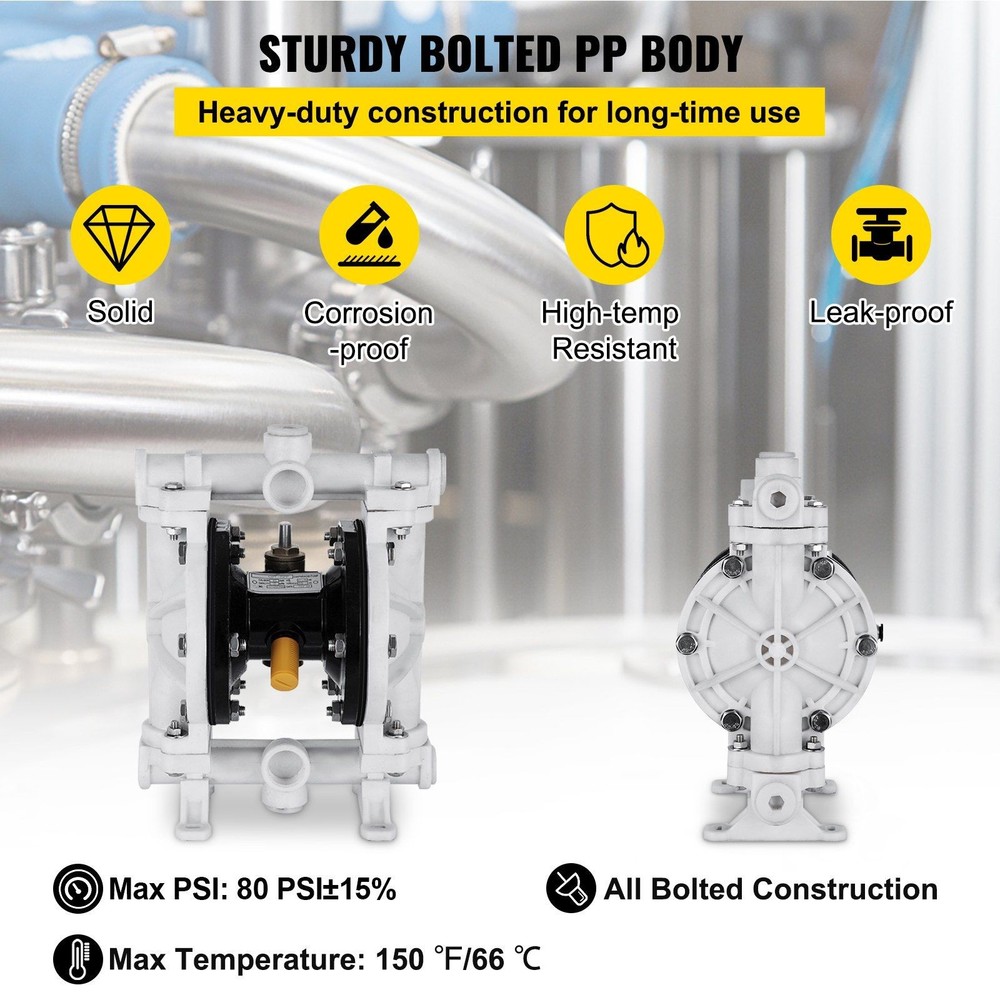 2.5GPM 80PSI Air-Driven Double Diaphragm Pump PP Construction PTFE