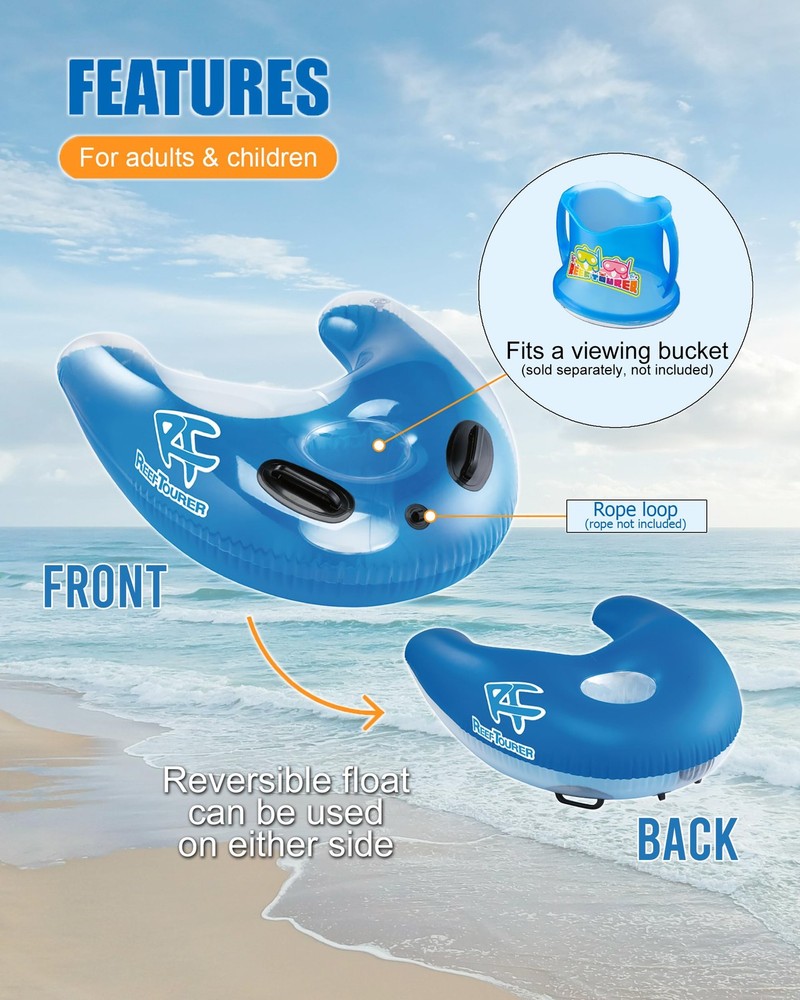 Reef Tourer Inflatable Snorkel Float w/ Handles, Viewing Bucket Compatible, Blue