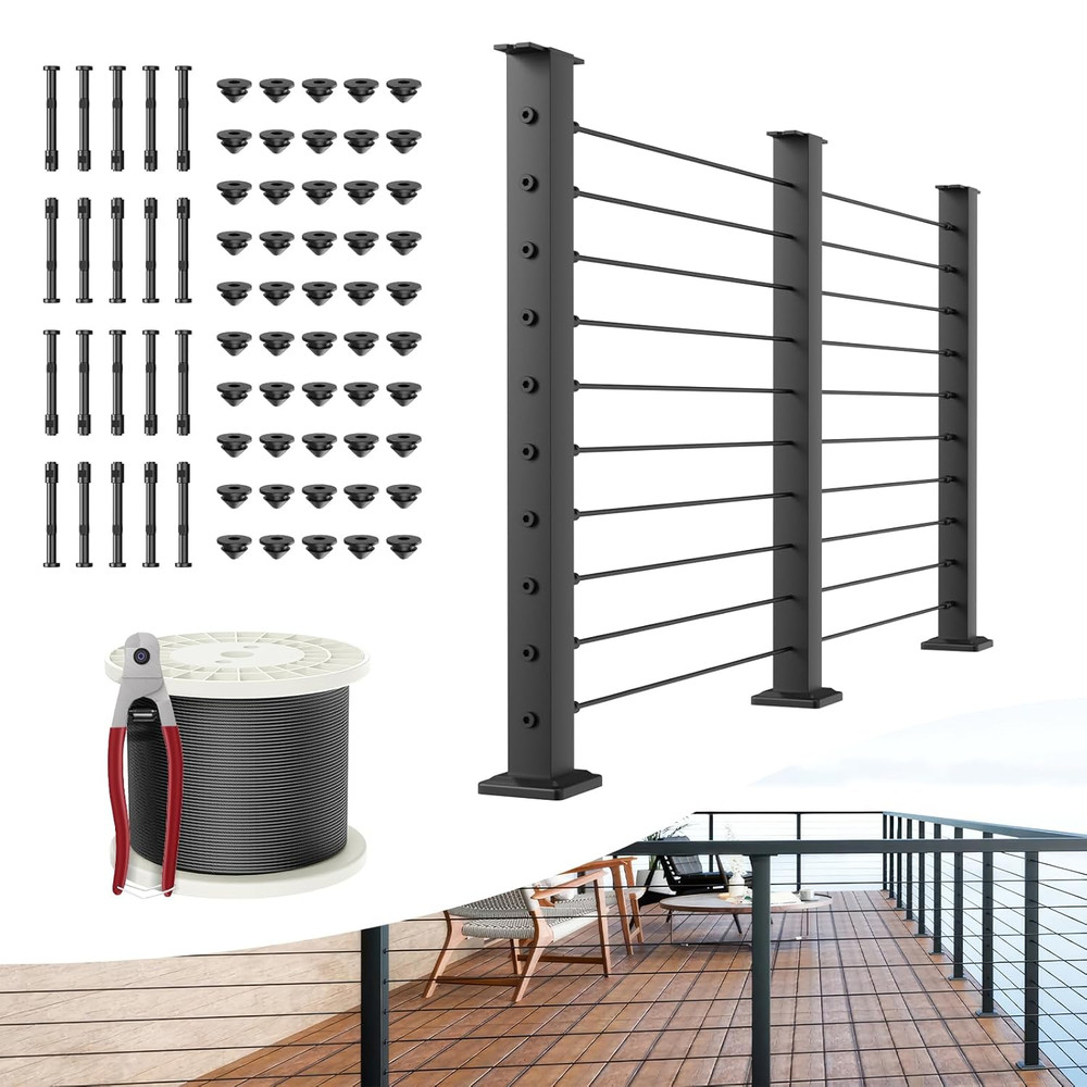 36" Cable Railing Post Kit, 8FT-16FT, Black, Swageless System, 200FT Cable