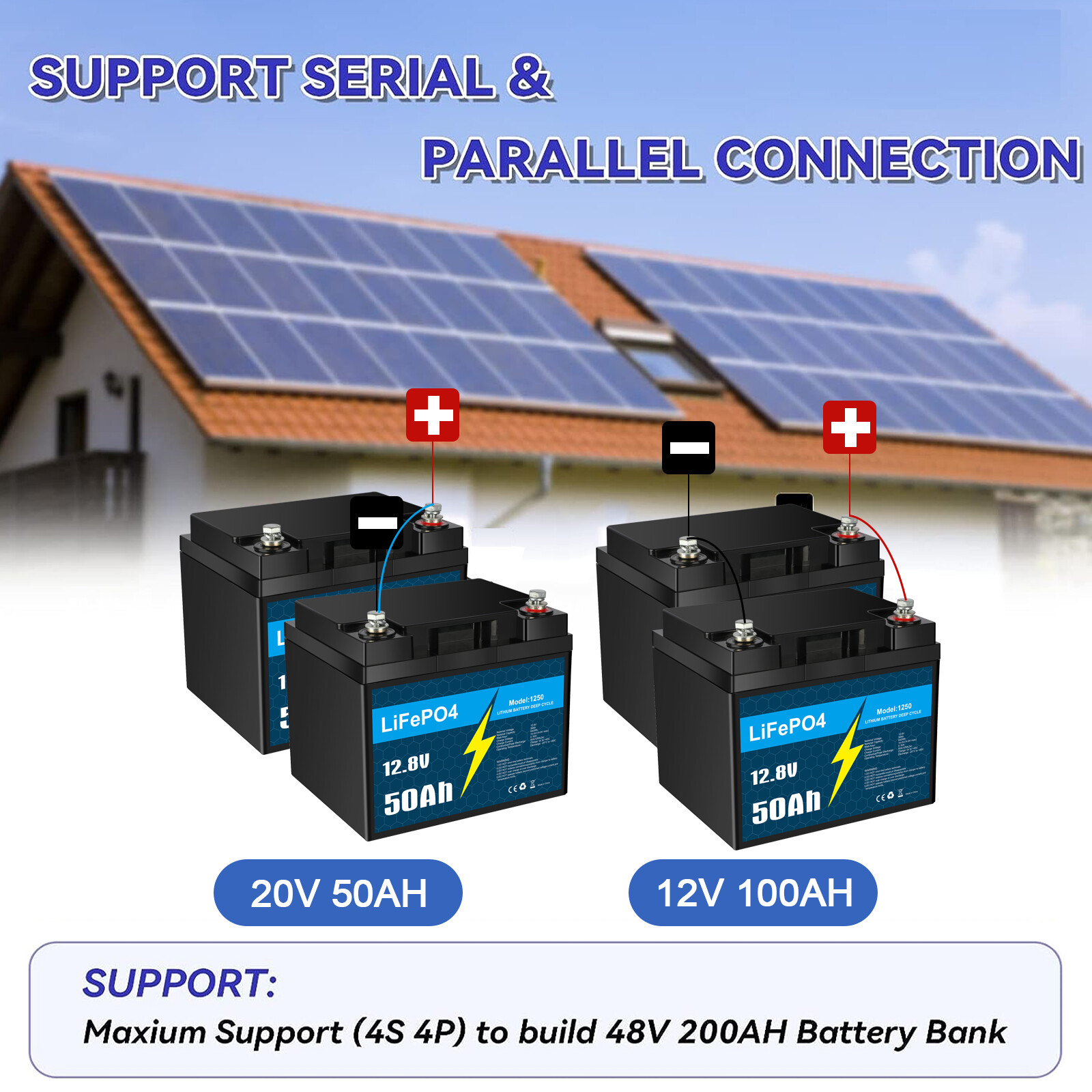 2 Pack KUNLUN Lithium Battery Lifepo4 12V 50Ah Solar Batteries for Deep Cycle RV