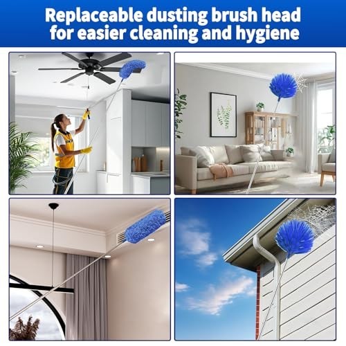 Extendable Cobweb Duster Set - Washable Cleaning Tool with 2 Heads for High Ceil