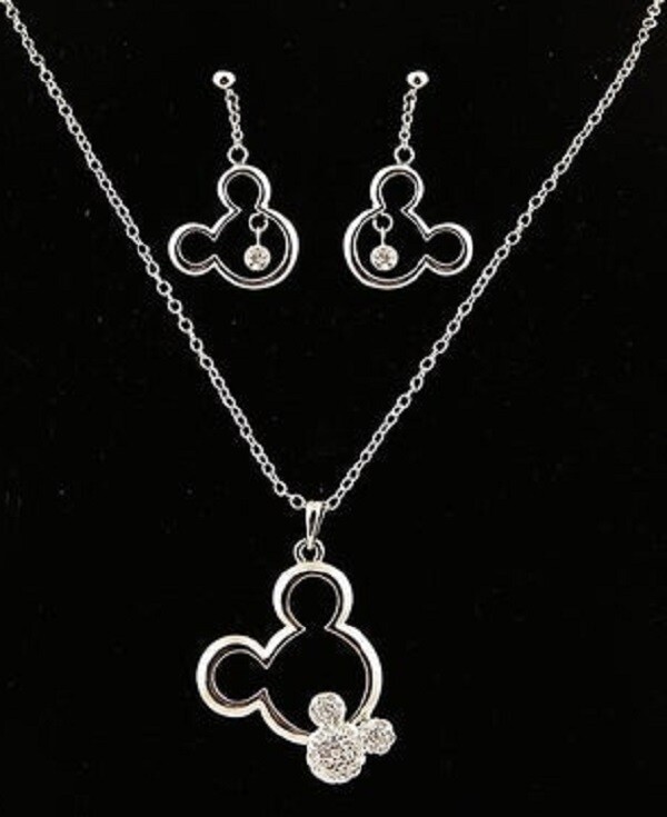 Silver Tone Cartoon Mouse Necklace & Earring Set