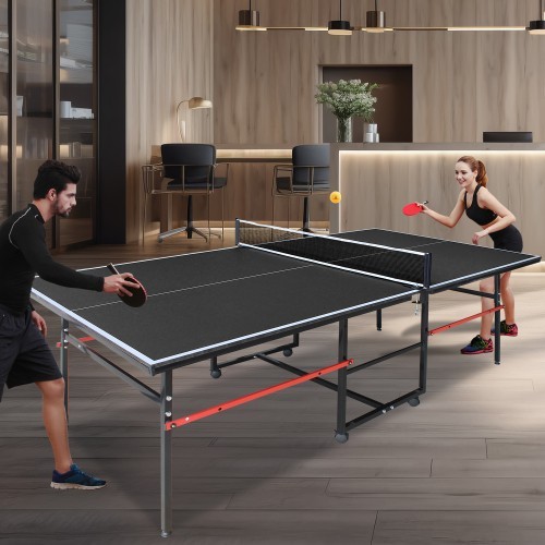 8ft Black Mid-Size Table Tennis Table Foldable & Portable Ping Pong Table Set