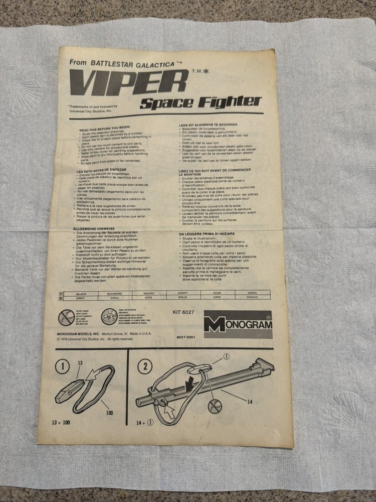 Battlestar Galactica COLONIAL VIPER  1978 Monogram Model - Instructions Only