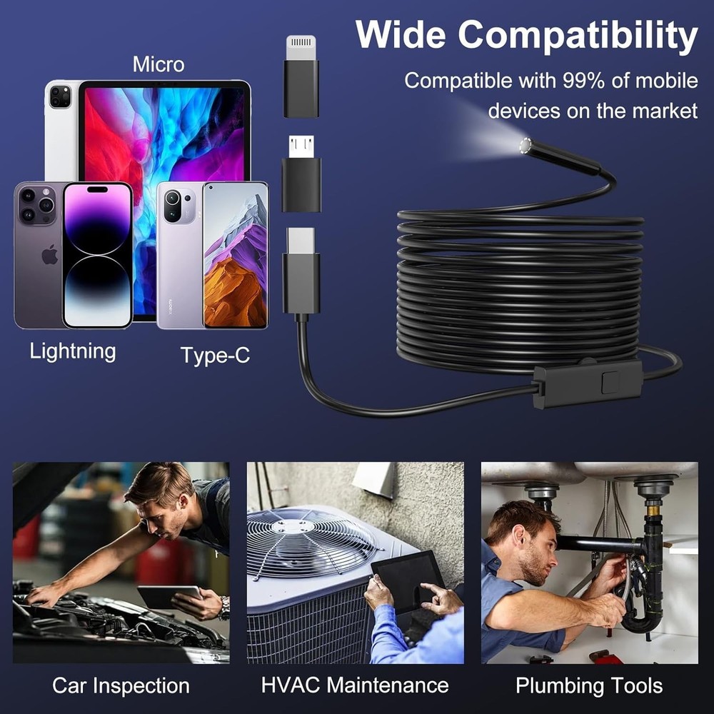 Compact Waterproof Inspection Camera - 16.4ft Semi-Rigid Cable & Easy Setup