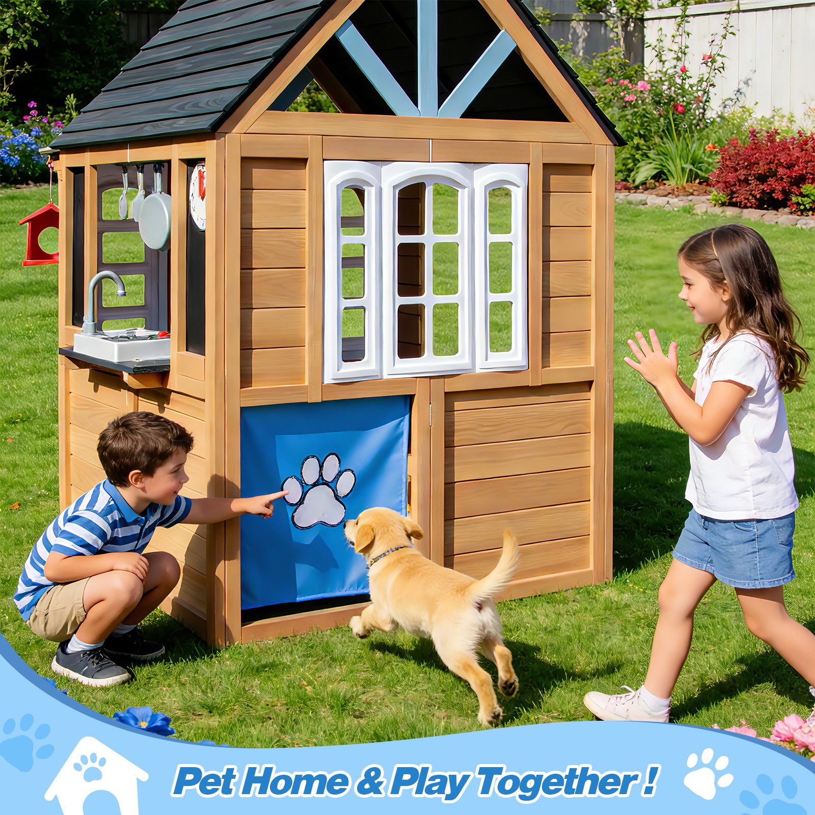 Outdoor Wood Kid Playhouse Backyard Garden Cottage Play Kitchen,Bench,Chalkboard