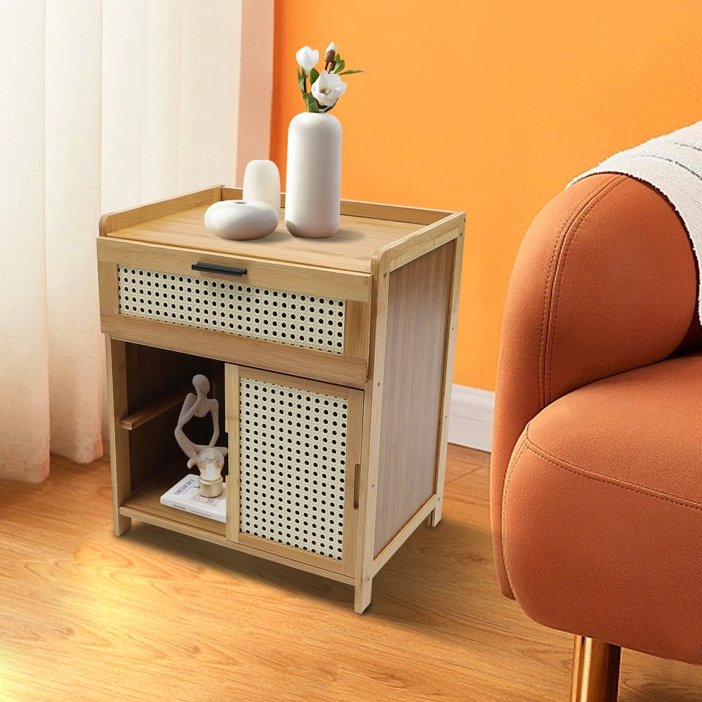Nightstand Bamboo End Table Bedside Table w/Drawer & Shelf Bohemian End Table US
