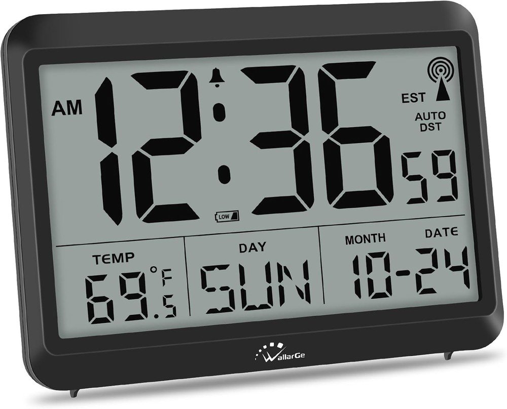 Atomic Digital Wall Clock Battery Operated, Self-Setting, Large Display with Tem