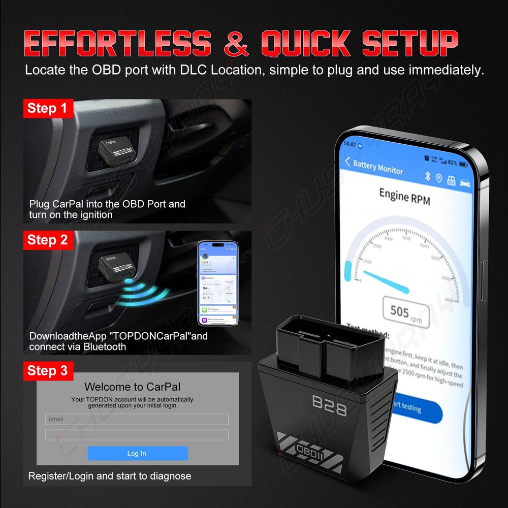 CHUSYYRAY OBD2 Code Reader Bluetooth Vehicle Diagnostic Dongle System Scan