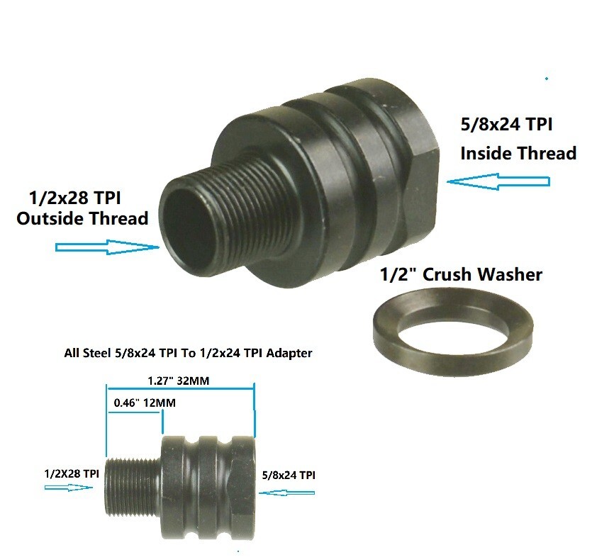 5/8X24 Inside Thread Convert To 1/2-28 Outside Thread TPI Muzzle Brake Adapter