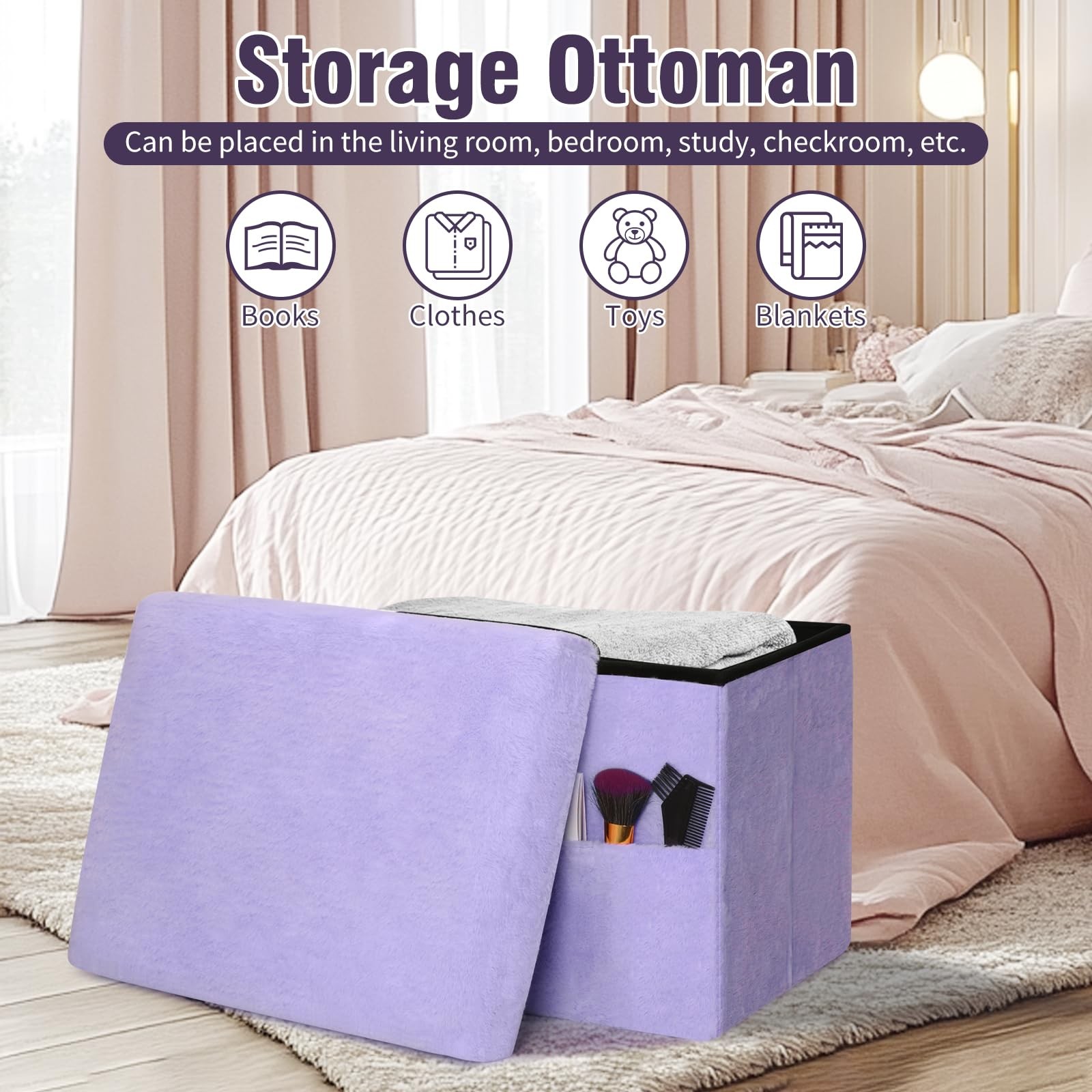 Small Ottoman with Storage, Folding Soft Fur Storage Foot Rest Stool with Thi...