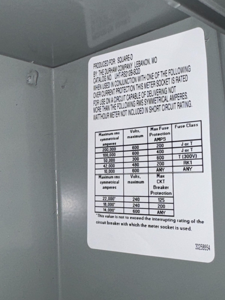 Square D UHTRS212B 200A Ringless Bypass Overhead or Underground Meter Socket