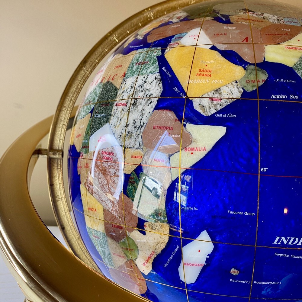 18”Blue Globe Ocean Gold 4 leg table stand Gem Gemstone World MAP Compass