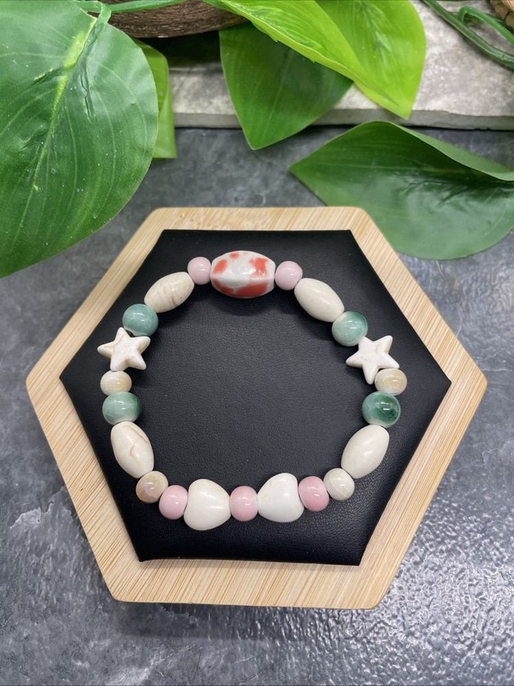 Handmade Ceramic Bead Beaded Stackable 6.5” Plus Stretch Bracelet New B342