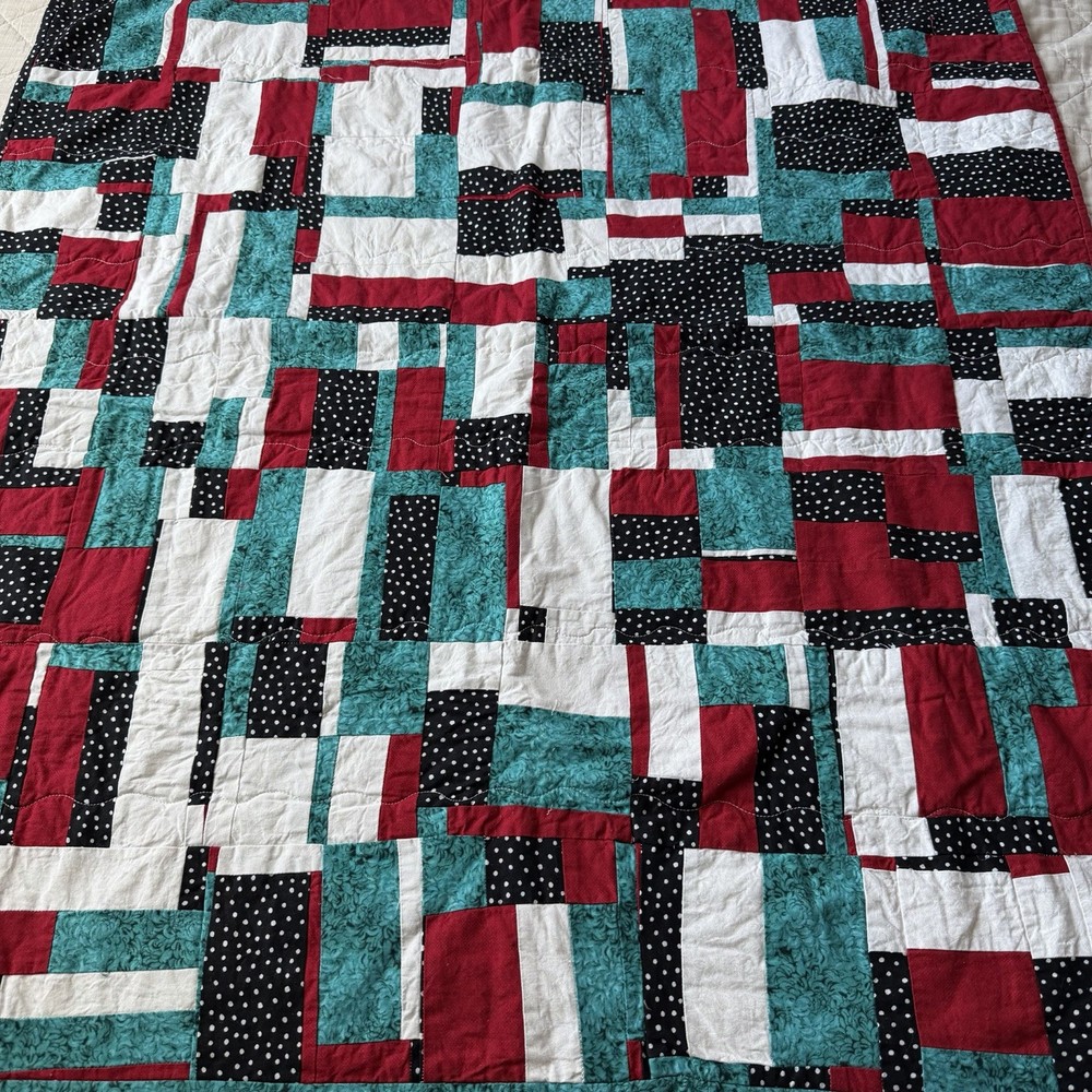 Vintage Patchwork Quilt 38x38 Wall Hanging Throw Red Teal Geometric
