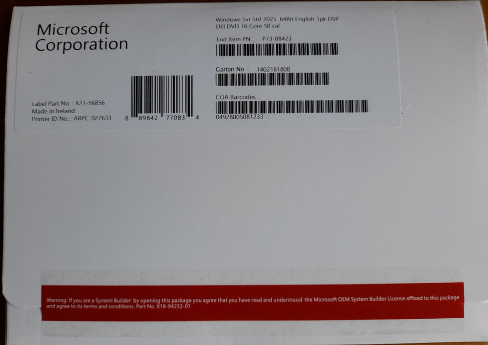 Windows Server 2025 Standard | Datacenter 16Core DVD OEM Pack + RDS + CALs