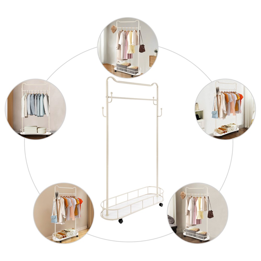 Clothes Rack, Movable Coat Rack Free Standing Coat Rack with Storage Basket