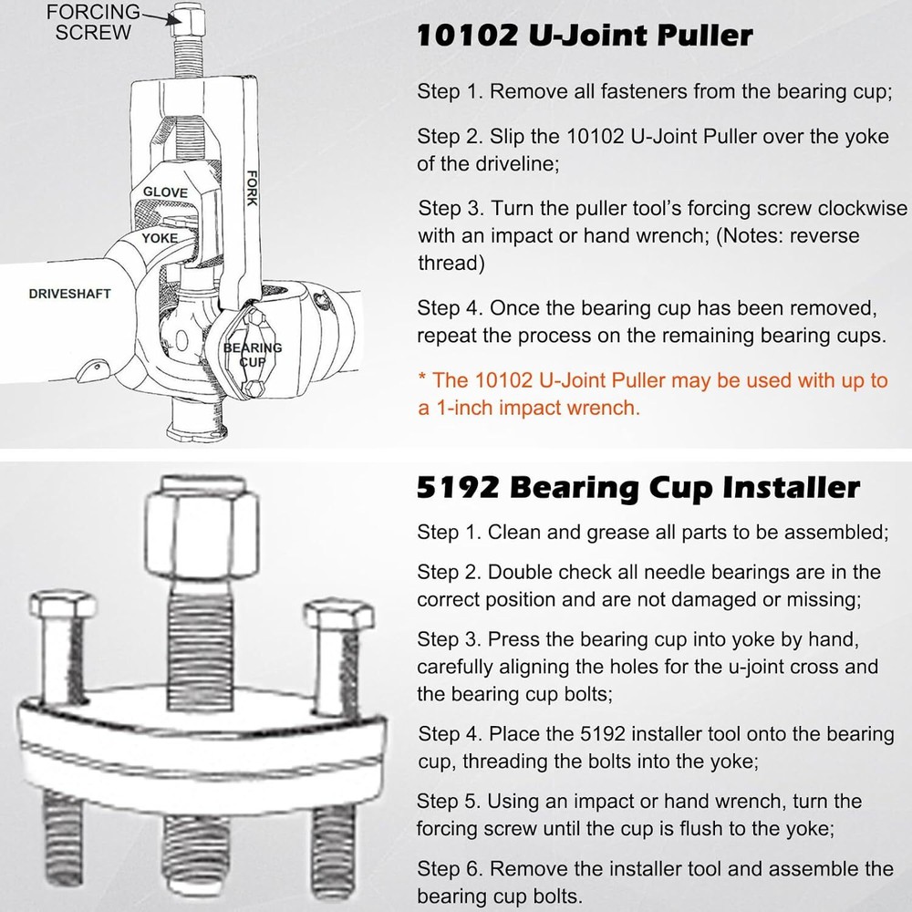 Heavy Duty 10102 U Joint Puller (Class 6-8) & 5192 Bearing Cup Installer Tool