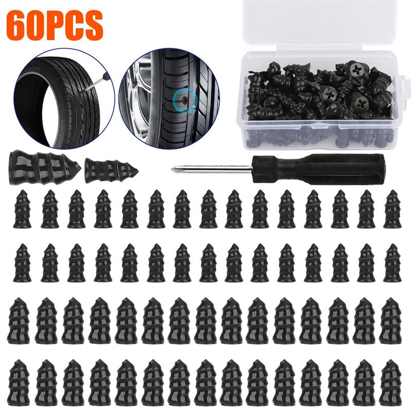 60 Pcs Rubber Tire Nail Repair Kit Screw In Tire Plugs for Car Truck SUV Van