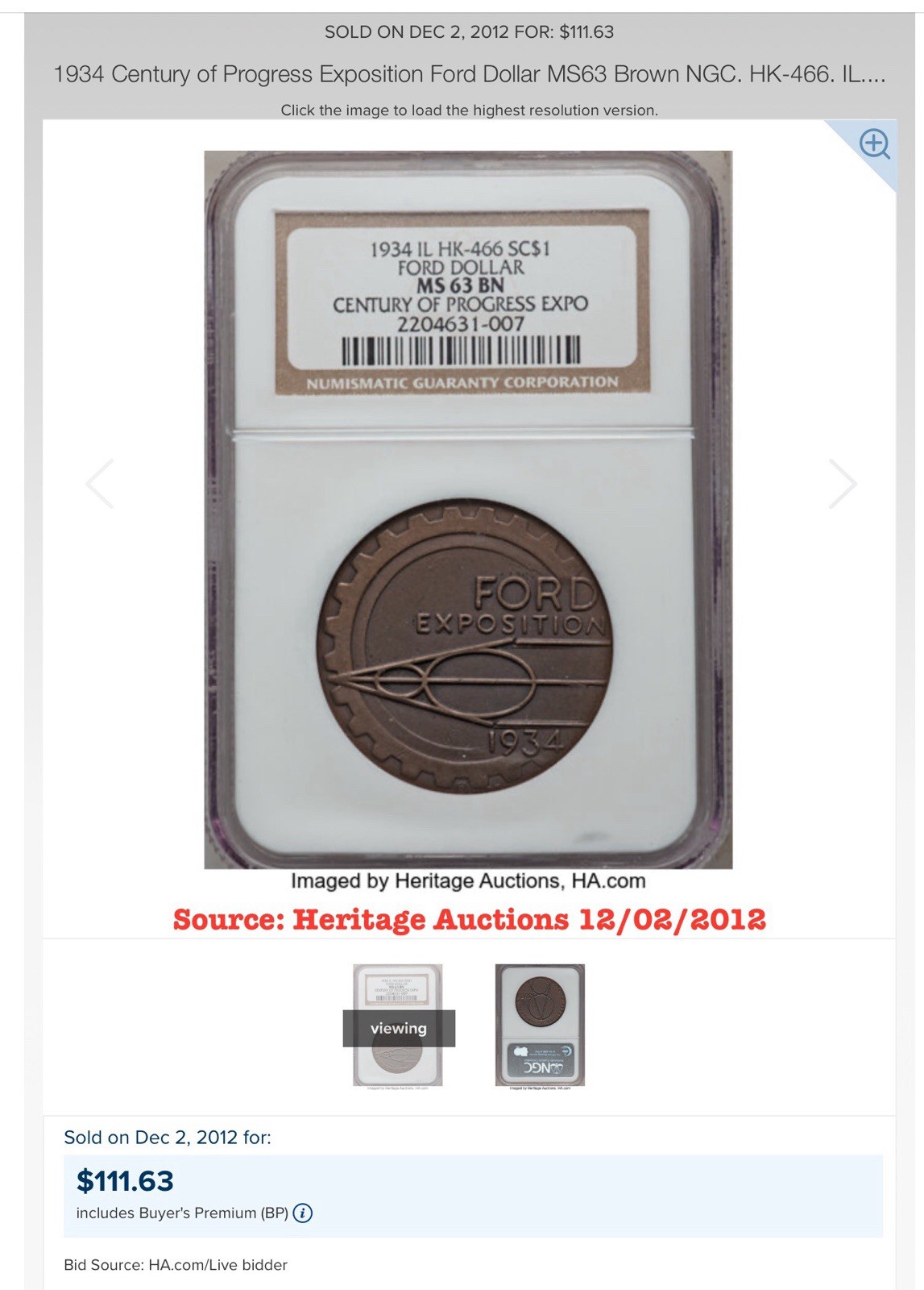 1934 Century of Progress Ford Medal Chicago HK-466 NGC MS63 BN So-Called $1